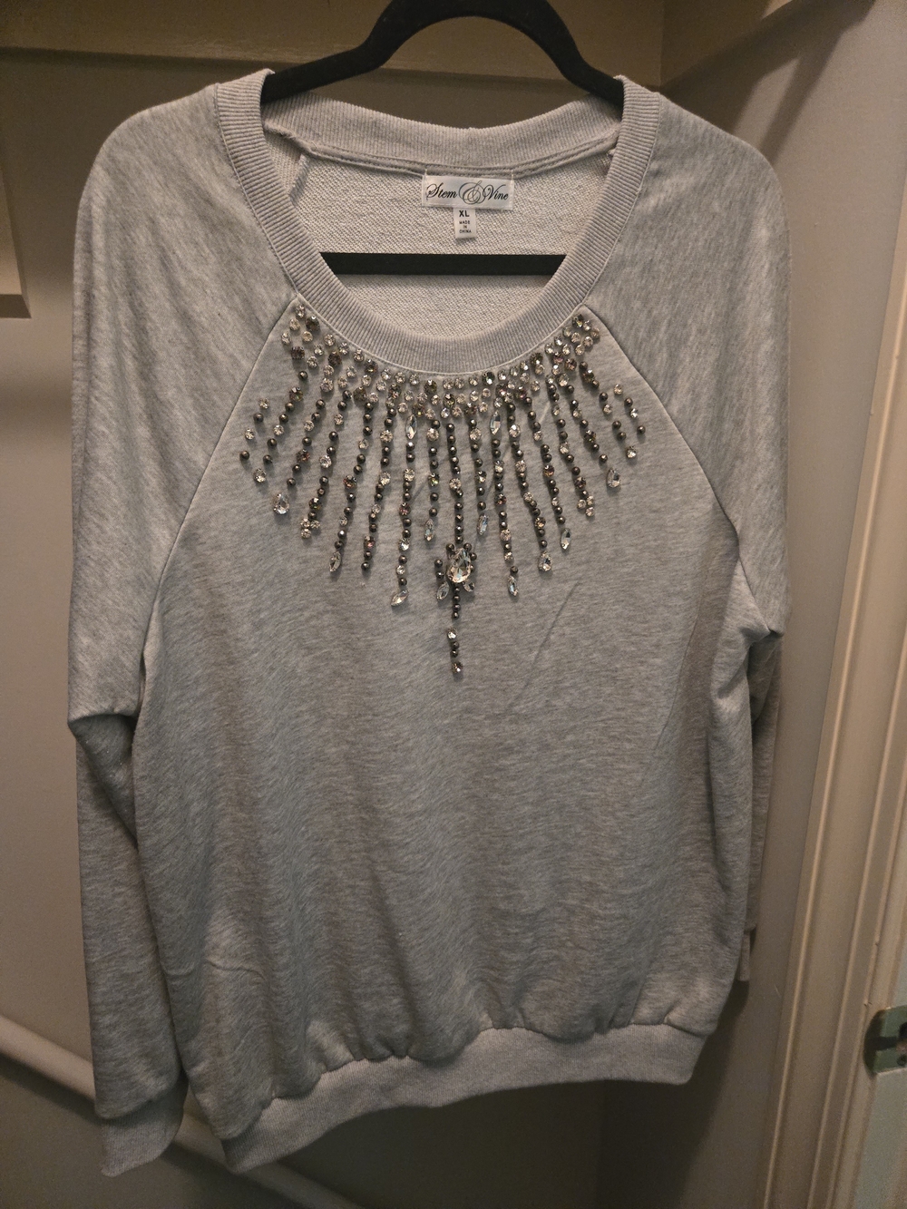 Embellished Light Gray Sweatshirt with Crystal Fringe by Hem & Hive